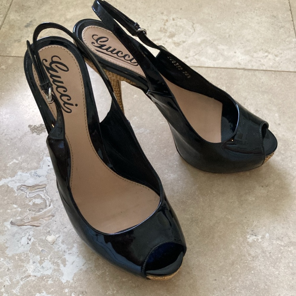 Gucci Black and Tan Peep Toe Heels